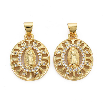 Brass Micro Pave Cubic Zirconia Pendants, Nickel Free, Oval with Virgin, Real 16K Gold Plated, 22x17x3mm, Hole: 3x5mm