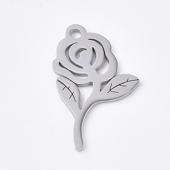 Valentine's Day Theme, 201 Stainless Steel Pendants, Flower/Rose, Stainless Steel Color, 19x12x1mm, Hole: 1.4mm