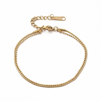 Ion Plating(IP) 304 Stainless Steel Round Snake & Ball Chains Double Layer Multi-strand Bracelet for Women, Real 14K Gold Plated, 6-1/2 inch(16.4cm)
