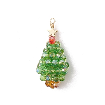 Electroplate Glass Pendants, Christmas Trees, with Copper Wire, Faceted, Real 18K Gold Plated, Lime Green, 39x18x9.5mm, Hole: 2mm
