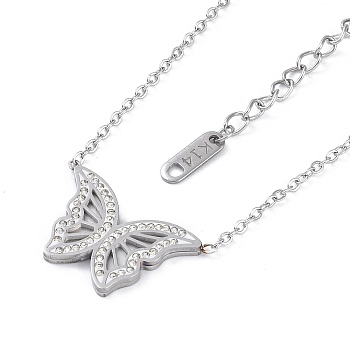 Ion Plating(IP) 304 Stainless Steel Cable Chain Necklaces, Polymer Clay Rhinestone Butterfly Pendant Necklaces for Women, Stainless Steel Color, 17.13 inch(43.5cm)