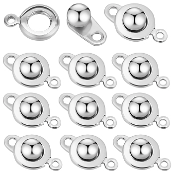 20Pcs 201 Stainless Steel Snap Clasps, Flat Round, Stainless Steel Color, 15x9x5mm, Hole: 1.5mm and 2mm