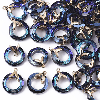Electroplate Glass Pendants, with Light Gold Plated Brass Ice Pick Pinch Bails, Faceted, Ring with Fishtail, Dark Blue, 17x14x6mm, Hole: 1.2mm