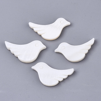 Natural Freshwater Shell Beads, Half Drilled, Bird, Creamy White, 15x24~25x3mm, Half Hole: 1mm