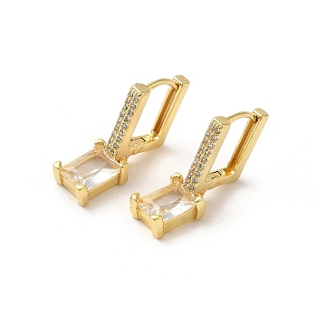 Rectangle Real 18K Gold Plated Brass Dangle Hoop Earrings, with Cubic Zirconia and Glass, Clear, 25x7mm