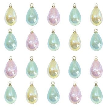 40Pcs 4 Colors Rainbow Iridescent Plating Acrylic Pendants, with Light Gold Tone Brass Finding and Glitter, Teardrop Charm, Mixed Color, 17.5x10mm, Hole: 1.5mm, 10pcs/color