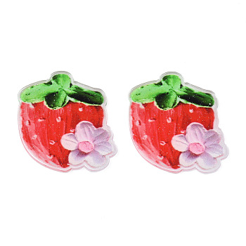 Transparent Printed Acrylic Cabochons, with Glitter Powder, Strawberry with Flower, Red, 41x36.5x2mm