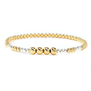 Brass Beads Stretch Bracelets for Women, Round, Platinum & Golden, 6.89 inch(17.5cm)