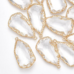 Glass Pendants, with Brass Findings, Faceted, Heteromorphism, Golden, Clear, 31~33x16~18x8mm, Hole: 1.5mm(GLAA-S179-16)