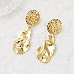 304 Stainless Steel Teardrop with Flat Round Dangle Stud Earrings, Hammered Textured, Golden, 47x16mm(EJEW-JE06752)