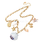 304 Stainless Steel Starfish & Porcelain Fish & Resin & Natural Shell Pendant Necklaces for Women, Ion Plating(IP), Real 18K Gold Plated, 15.87 inch(40.3cm)(NJEW-F352-03G)