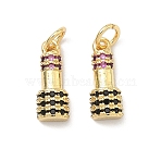 Brass Micro Pave Cubic Zirconia Pendants, Lipstick Charms, Rack Plating, Long-Lasting Plated, Lead Free & Cadmium Free, Real 18K Gold Plated, 14x5x3.5mm, Jump Ring: 5x1mm, Inner Diameter: 3mm(KK-P345-77G)