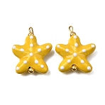 Handmade Porcelain Pendants, Starfish Charms, with Brass Findings, Bright Glazed Porcelain, Real 18K Gold Plated, Yellow, 22.5x17.5x5.5mm, Hole: 1.4mm(PR-CBA0027-04G-01)