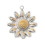 304 Stainless Steel Pendants, Sunflower Charm, Two Tone, Golden & Stainless Steel Color, 21.5x19x3.7mm, Hole: 1.6mm(STAS-C162-08GP)