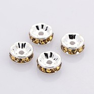 Brass Rhinestone Spacer Beads, Grade AAA, Straight Flange, Nickel Free, Silver Color Plated, Rondelle, Light Colorado Topaz, 5x2.5mm, Hole: 1mm(RB-A014-Z5mm-14S-NF)