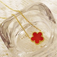 Golden Stainless Steel Flower Pendant Necklaces with Natural Shell for Women, Red, 16.54 inch(42cm)(RH7292-2)