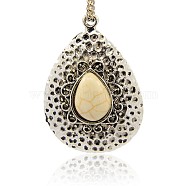 Antique Silver Plated Alloy Synthetic Turquoise Pendants, Hammered Teardrop Pendants, Old Lace, 42x29x8mm, Hole: 2mm(PALLOY-J288-01AS)