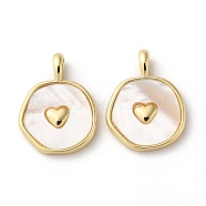 Rack Plating Brass Pendants with Natural Shell, Flat Round Charms with Heart, Long-Lasting Plated, Lead Free & Cadmium Free, Real 18K Gold Plated, 18.5x14x4mm, Hole: 3.5x2mm(KK-K332-40G)