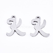 201 Stainless Steel Charms, Laser Cut, Alphabet, Stainless Steel Color, Letter.K, 12x10x1mm, Hole: 1.4mm(X-STAS-T044-217P-K)