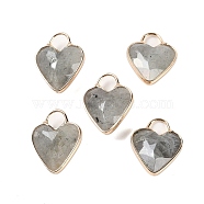 Natural Labradorite Faceted Pendans, Golden Plated Brass Heart Charms, 23x18x7~7.5mm, Hole: 6x6.5mm(KK-L218-005G-03)