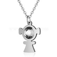 201 Stainless Steel Pendant Necklaces, with Rhinestone and Cable Chains, Girl, Stainless Steel Color, 15.7 inch(40cm), 1.5mm, Girl: 19x14x4mm(NJEW-T009-JN143-40-1)
