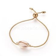 304 Stainless Steel Bolo Bracelets, Slider Bracelets, with Enamel and Box Chains, Cowrie Shell Shape, White, Golden, Single Chain Length: about 130mm(BJEW-E371-04G)