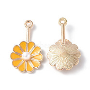 Alloy Enamel Pendants, with ABS Plastic Imitation Pearls, Light Gold, Flower Charm, Gold, 26x15x4.5mm, Hole: 1.5mm(PALLOY-F288-02A)