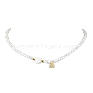 Brass Micro Pave Grade AAA Cubic Zirconia Letter Pendant Necklaces, Heart & Round Baking Painted Pearlized Glass Pearl Beaded Necklaces for Women, Letter M, 15.20 inch(38.6cm)(NJEW-JN04771-13)