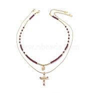 2Pcs 2 Style Cubic Zirconia Cross & Moon Pendant Necklaces Set with Natural Garnet Beaded, Gemstone Jewelry for Women, Golden, 16.26~17.8 inch(41.3~45.2cm), 1Pc/style(NJEW-JN04029)