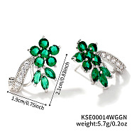 Elegant Brass Rhinestone Leaf Stud Earrings, with Delicate Design and Sparkling Details, Platinum, Emerald, 21x19mm(FM5419-6)