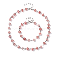 Rondelle Cherry Quartz Glass Links Bracelets & Necklaces Sets, Brass Jewelry for Women, Beacelet: 7-7/8 inch(20cm), Necklace: 16-3/8 inch(41.5cm)(SJEW-JS01295-01)