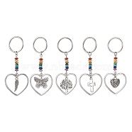 Heart with Wing/Cross/Tree of Life/Butterfly Alloy Pendant Keychain, with Chakra Gemstone Chip and Iron Split Key Rings, Mixed Shapes, 7.4cm(KEYC-JKC00626)