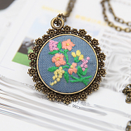 DIY Embroidery Flower Pendant Necklace Making Kit, Including Alloy Cable Chains & Pendant Cabochon Settings, Needle Pin, Cotton Thread, Plastic Embroidery Hoops, Steel Blue, 920mm(HUDU-PW0001-065C)