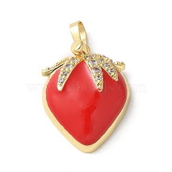 Brass Micro Pave Cubic Zirconia Pendants, Strawberry Charms, with Emamel, Rack Plating, Long-Lasting Plated, Cadmium Free & Lead Free, Real 18K Gold Plated, 23.5x18.5x7mm, Hole: 4x6.5mm(X-KK-P290-62G)