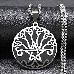 304 Stainless Steel Pendant Necklaces, Flat Round with Triquetra/Trinity Knot & Star Tree of Life Pattern, Stainless Steel Color, 19.37 inch(49.2cm)(NJEW-C042-09P)