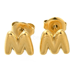 304 Stainless Steel Stud Earrings, Real 14K Gold Plated, Letter M, 7.5x8.5mm(EJEW-I316-01G-M)