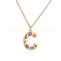 Brass Pave Colorful Cubic Zirconia Initial Pendant Necklaces for Women, Real 18K Gold Plated, Letter C, 17.72 inch(45cm), pendant: 23x15mm(FS-WG02860-03)