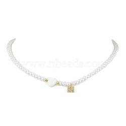 Brass Micro Pave Grade AAA Cubic Zirconia Letter Pendant Necklaces, Heart & Round Baking Painted Pearlized Glass Pearl Beaded Necklaces for Women, Letter M, 15.20 inch(38.6cm)(NJEW-JN04771-13)