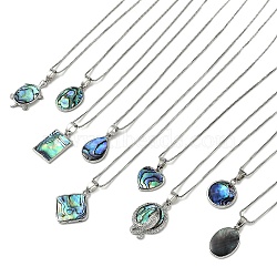 Rack Plating Natural Paua Shell Pendants Necklace, Brass Box Chain Necklaces, Mixed Shapes, 17.72 inch(45cm), Pendants: 19~31.5x9~23mm(NJEW-B104-01P)