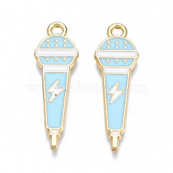 Alloy Enamel Pendants, Cadmium Free & Nickel Free & Lead Free, Light Gold, Microphone with Lightning Bolt, Sky Blue, 29x9x1.5mm, Hole: 2mm(PALLOY-N170-015C-NR)