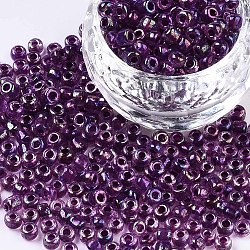 6/0 Glass Seed Beads, Inside Colours, Round Hole, Round, Transparent Colours Rainbow, Purple, 6/0, 4~5x2.5~4.5mm, Hole: 1.2mm, about 500pcs/50g(X-SEED-A016-4mm-213)