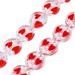 Transparent Acrylic Beads Strands, with Enamel, Flat Round with Heart, Red, 15x4mm, Hole: 1.2mm, about 35pcs/strand, 20.67 inch(52.5cm)(ACRC-T011-04)