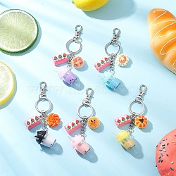 5Pcs Imitation Milk Tea Resin & Resin Imitation Food Keychains, with Iron Split Key Rings, Platinum, Mixed Color, 112.5mm(KEYC-JKC01342)