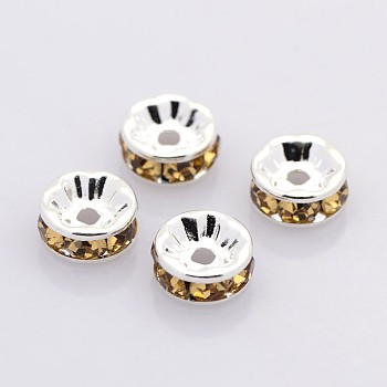 Brass Rhinestone Spacer Beads, Grade AAA, Straight Flange, Nickel Free, Silver Color Plated, Rondelle, Light Colorado Topaz, 5x2.5mm, Hole: 1mm