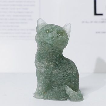 Natural Green Aventurine Chip & Resin Craft Display Decorations, Cat Shape Figurine, for Home Feng Shui Ornament, 75x50x36mm