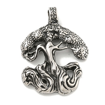 316 Surgical Stainless Steel Pendants, Tree Charm, Antique Silver, 42.5x32x8mm, Hole: 5.2mm