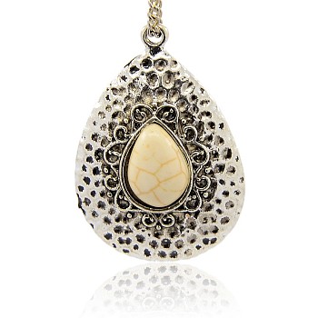 Antique Silver Plated Alloy Synthetic Turquoise Pendants, Hammered Teardrop Pendants, Old Lace, 42x29x8mm, Hole: 2mm
