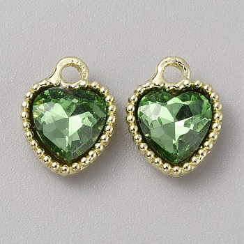 Glass Pendants, with Light Gold Alloy Finding, Heart Charms, Green, 13x10.5x4mm, Hole: 2mm