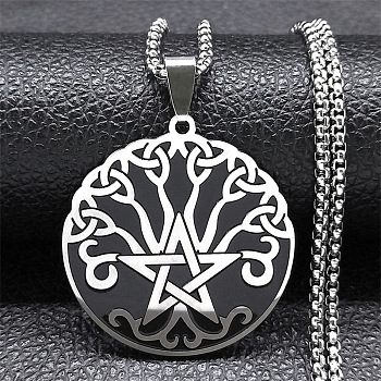 304 Stainless Steel Pendant Necklaces, Flat Round with Triquetra/Trinity Knot & Star Tree of Life Pattern, Stainless Steel Color, 19.37 inch(49.2cm)