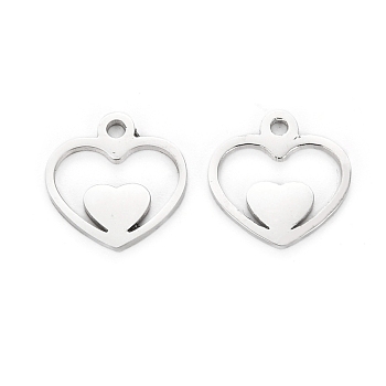 304 Stainless Steel Charms, Laser Cut, Heart, Stainless Steel Color, 9.5x9.5x1mm, Hole: 1.2mm